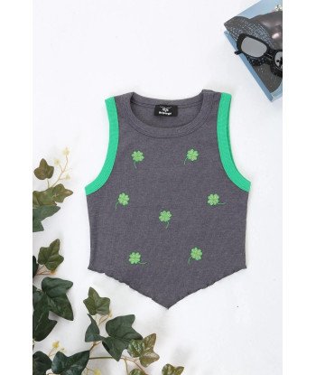 Bripurga Special 4 Leaf Clover Embroidered Crop- Women's Crop-green Piping-90% Cotton S-m-l Standard Size Gray