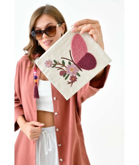 Bripurga Özel Nakış Clutch- El Çantası- Özel Nakışlı Desenli Punch- Pamuk El Çantası 100242